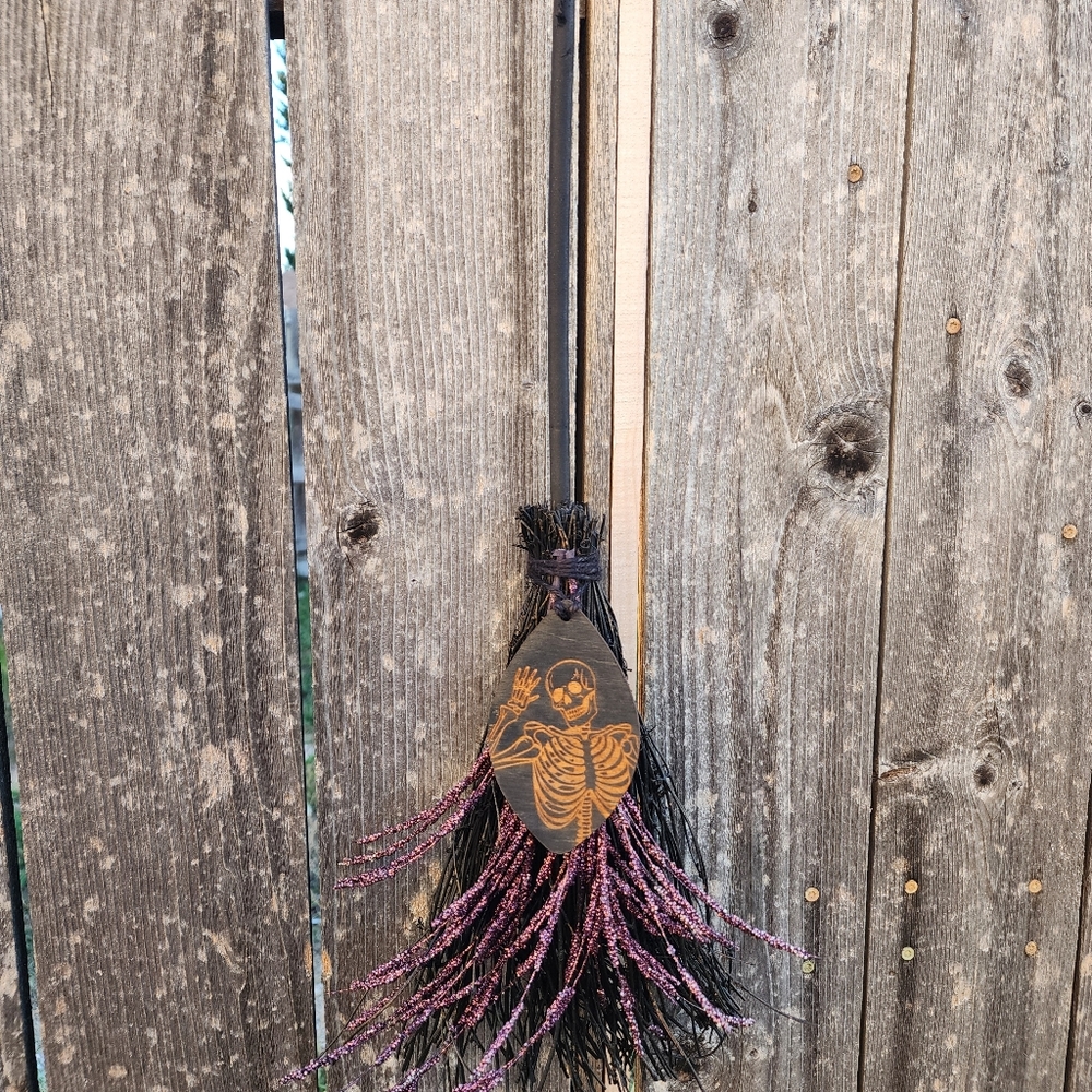 Halloween Witches Broomstick With Skeleton And Purple Glitter Accents - Picture 2 of 5